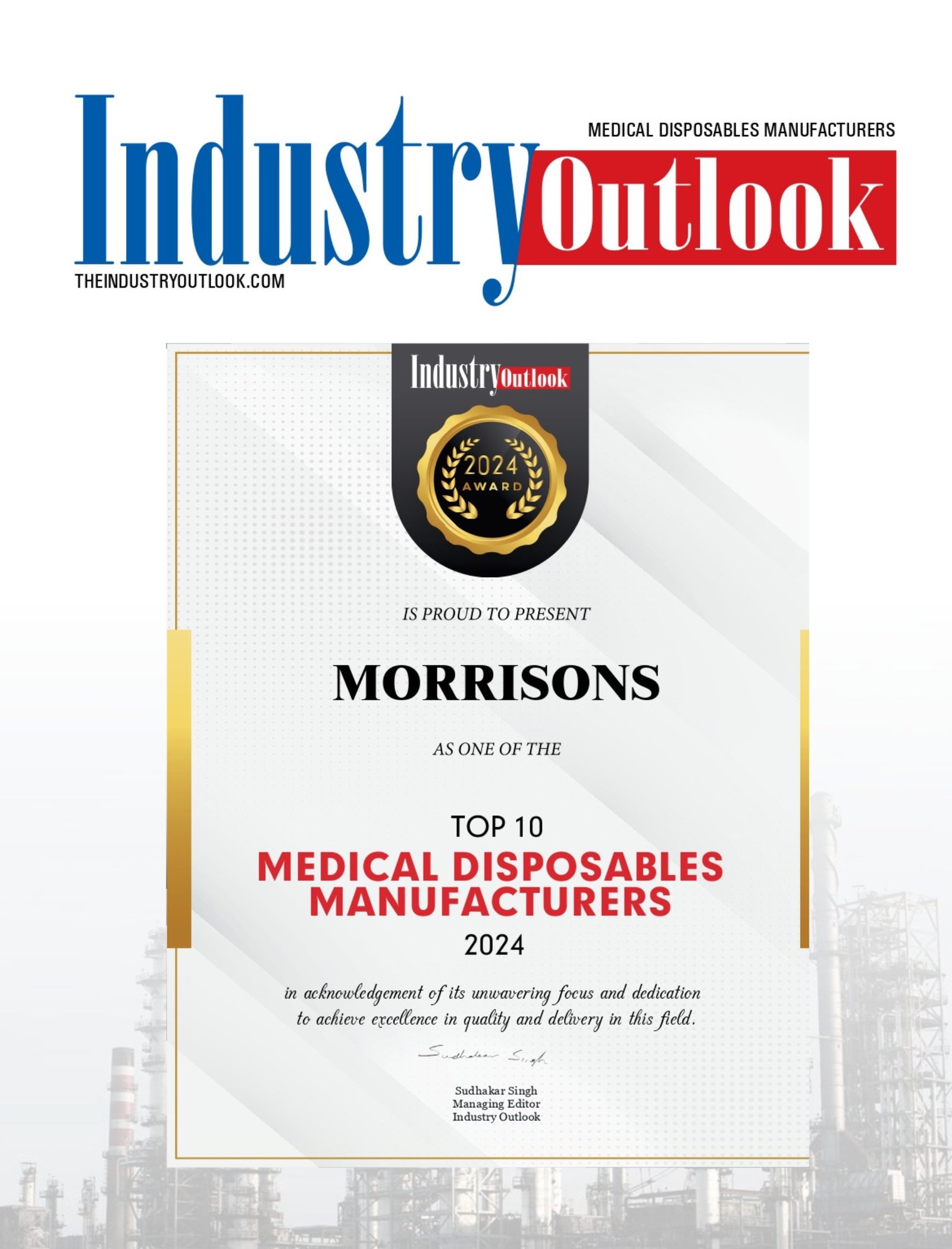 Industry Outlook 2024 Award - Morrisons named Top 10 Medical Disposables Manufacturer